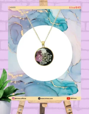 Real Blue And Pink Hydrangea With White Anne's Lace Flower Pendant Necklace in Black