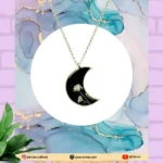 Black Half Moon With White Gypsy Flowers Resin Pendant Necklace