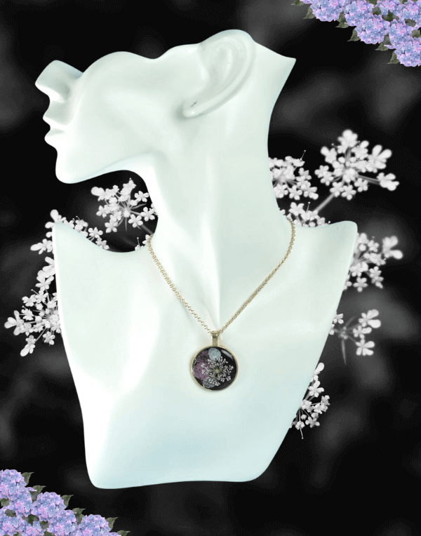 Real Blue And Pink Hydrangea With White Anne's Lace Flower Pendant Necklace in Black